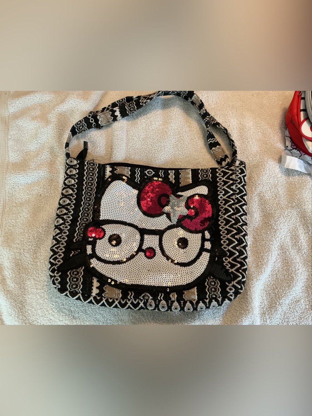 Hello Kitty Black White Crossbody with Pink Sequin Bow
